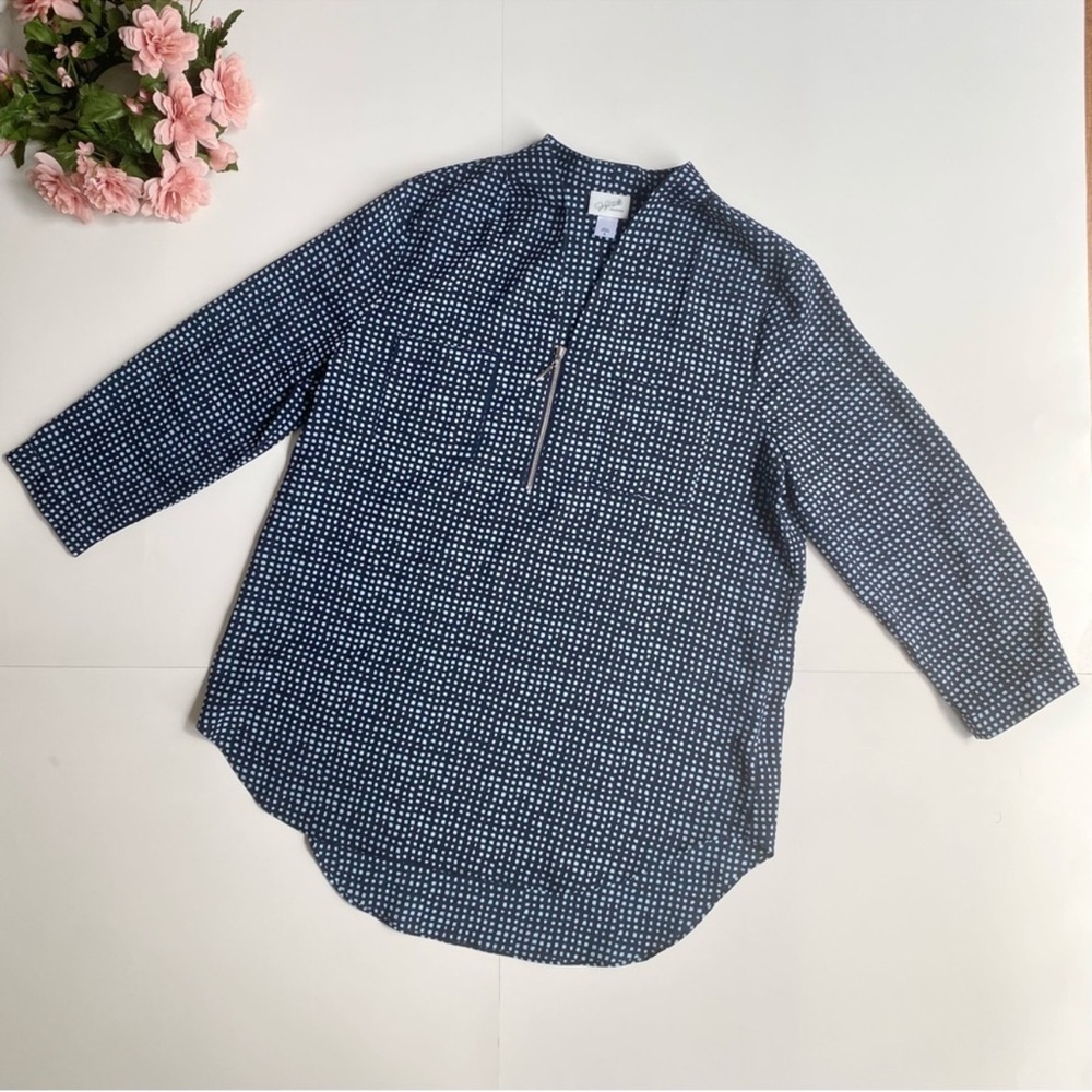 Jaclyn Smith Collection Blue Printed 3/4 Sleeves Zip Up Blouse